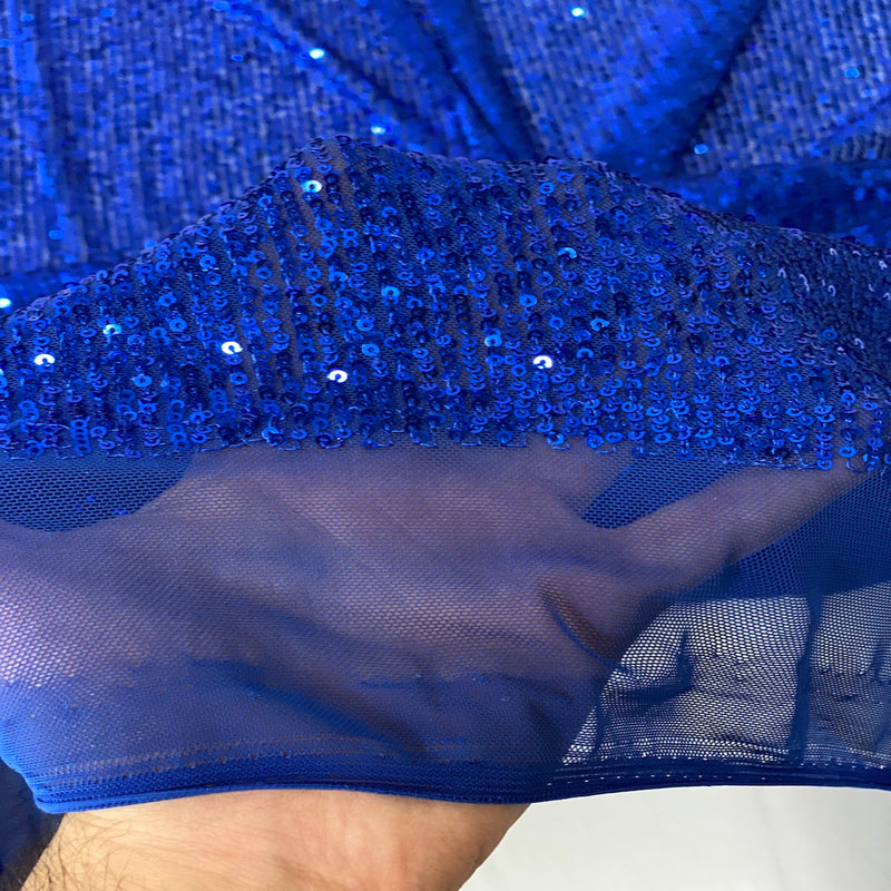 Royal Blue Mille Striped Stretch Sequins Lace Fabric