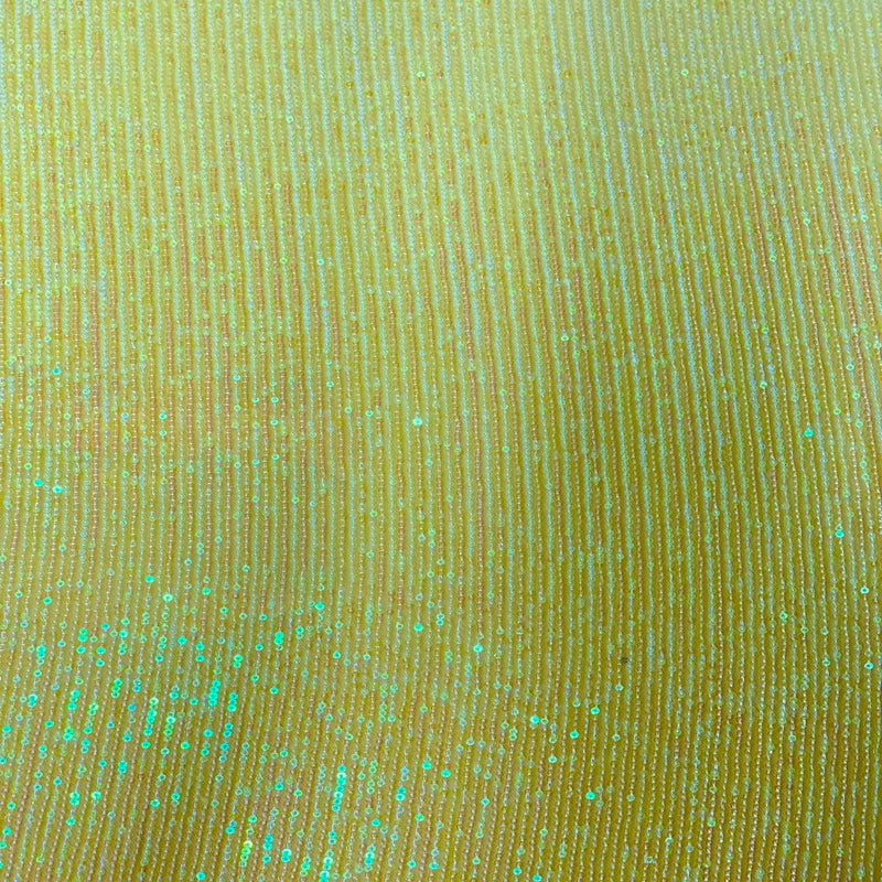 Yellow Iridescent Mille Striped Stretch Sequins Lace Fabric