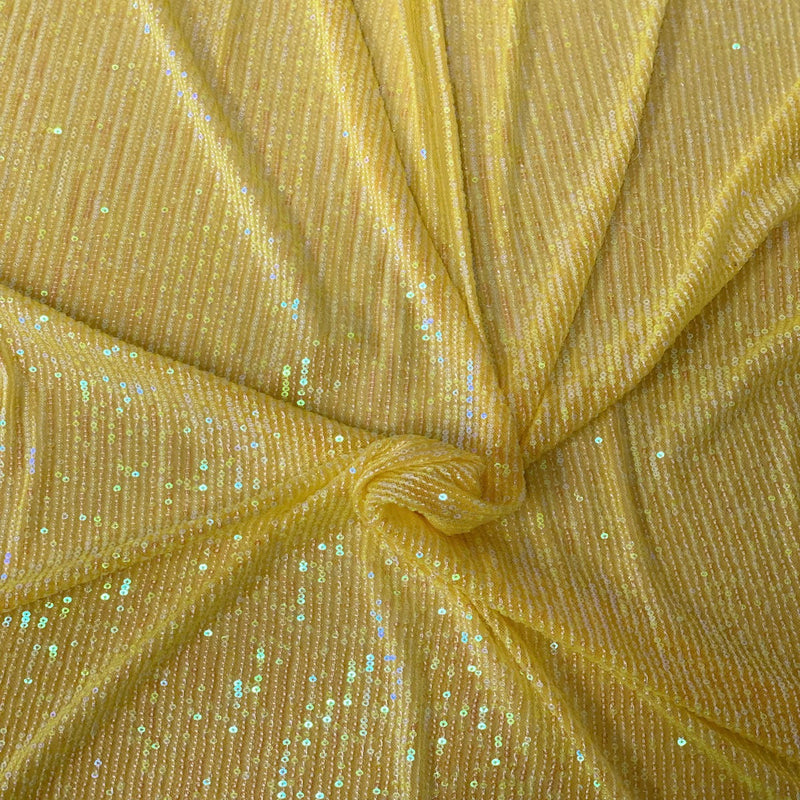 Yellow Iridescent Mille Striped Stretch Sequins Lace Fabric