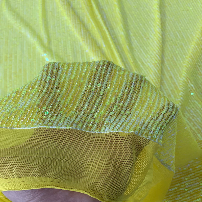 Yellow Iridescent Mille Striped Stretch Sequins Lace Fabric