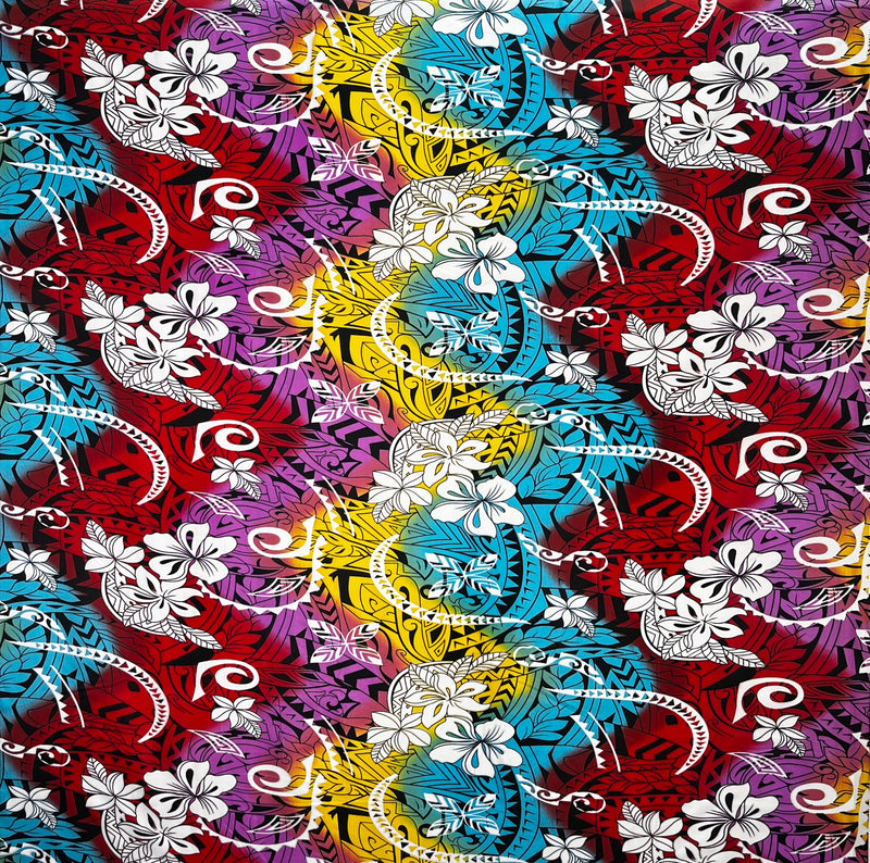 Multicolored Traditional Tattoo & Plumeria design Fabric  | Polyester l Spandex Palace