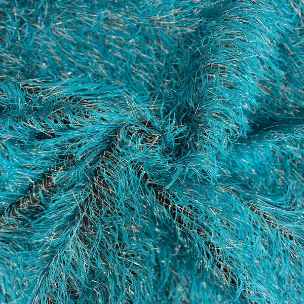 Turquoise Blue | Silver Metallic Faux Ostrich Feather Lace Fabric