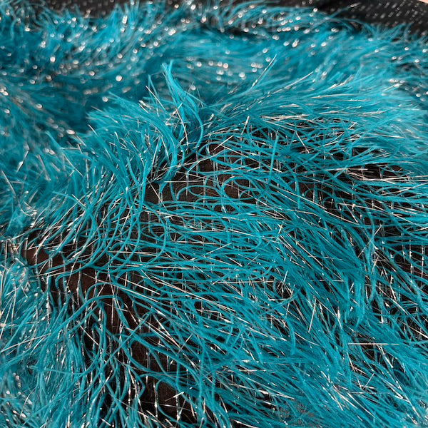 Turquoise Blue | Silver Metallic Faux Ostrich Feather Lace Fabric