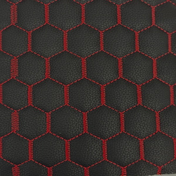 Black | Red Honeycomb Hexagon Quilted Foam Backed Faux Leather Vinyl Fabric