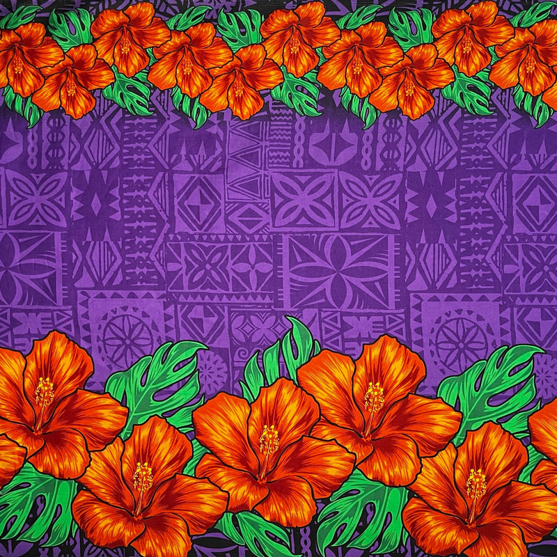 Tapa Hibiscus Flowers Double Border Fabric | Cotton Poplin  | Spandex Palace