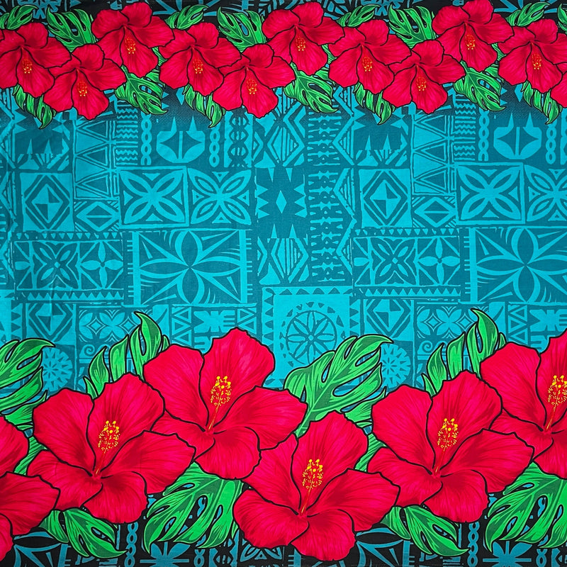 Tapa Hibiscus Flowers Double Border Fabric | Cotton Poplin  | Spandex Palace