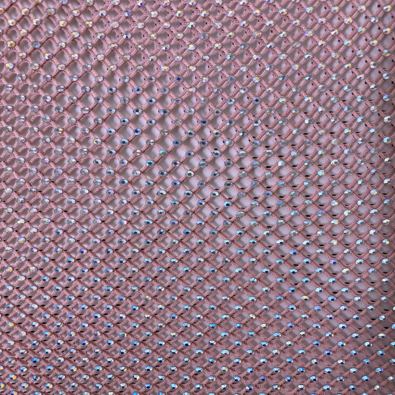 Mauve Pink Serene Iridescent Rhinestone Fishnet Lace Fabric