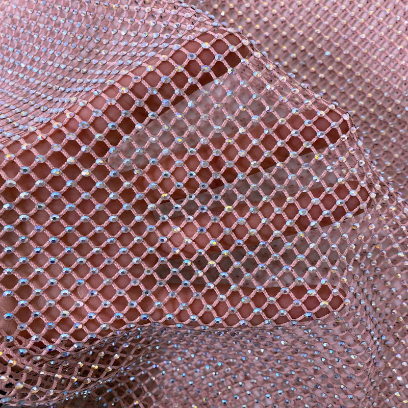 Mauve Pink Serene Iridescent Rhinestone Fishnet Lace Fabric