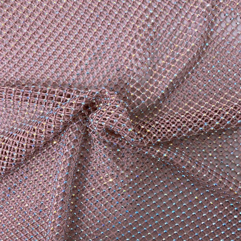 Mauve Pink Serene Iridescent Rhinestone Fishnet Lace Fabric