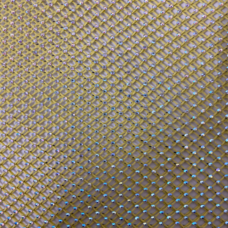 Yellow Serene Iridescent Rhinestone Fishnet Lace Fabric