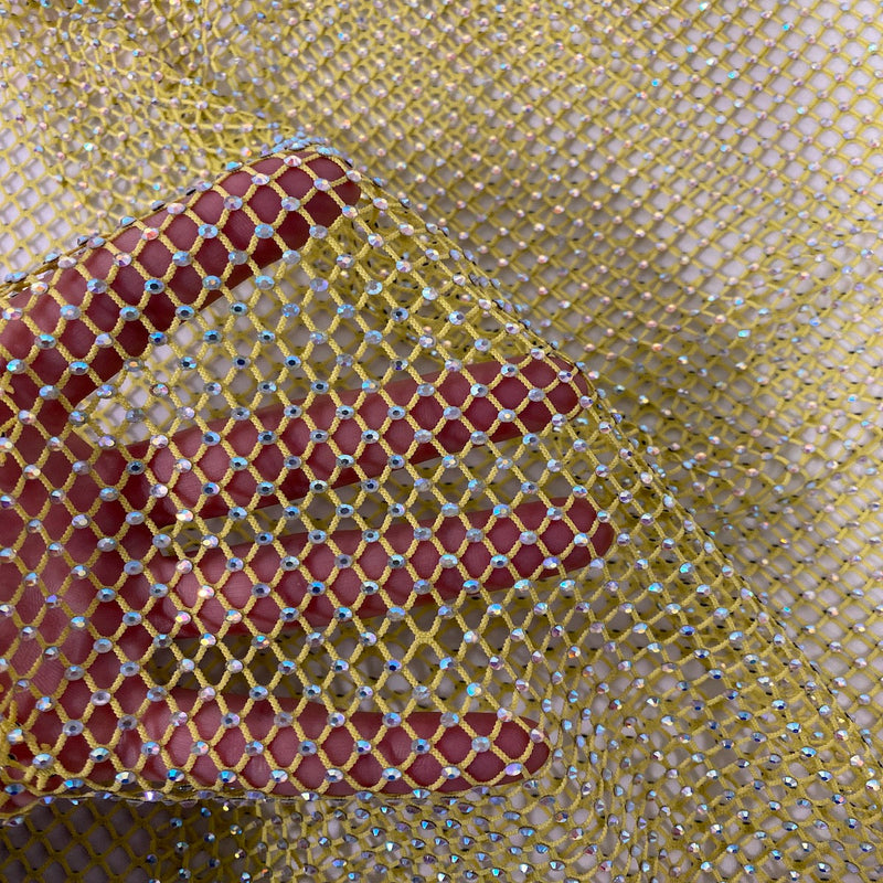 Yellow Serene Iridescent Rhinestone Fishnet Lace Fabric