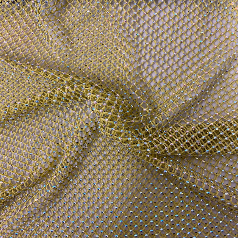 Yellow Serene Iridescent Rhinestone Fishnet Lace Fabric