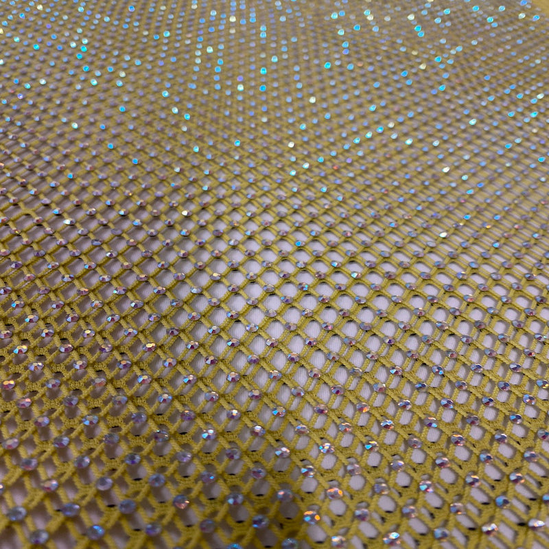 Yellow Serene Iridescent Rhinestone Fishnet Lace Fabric