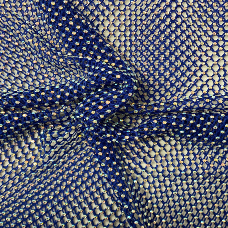 Royal Blue Serene Iridescent Rhinestone Fishnet Lace Fabric