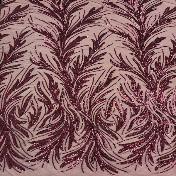 Burgundy Ariba Floral Leaf Stretch Sequins Fabric