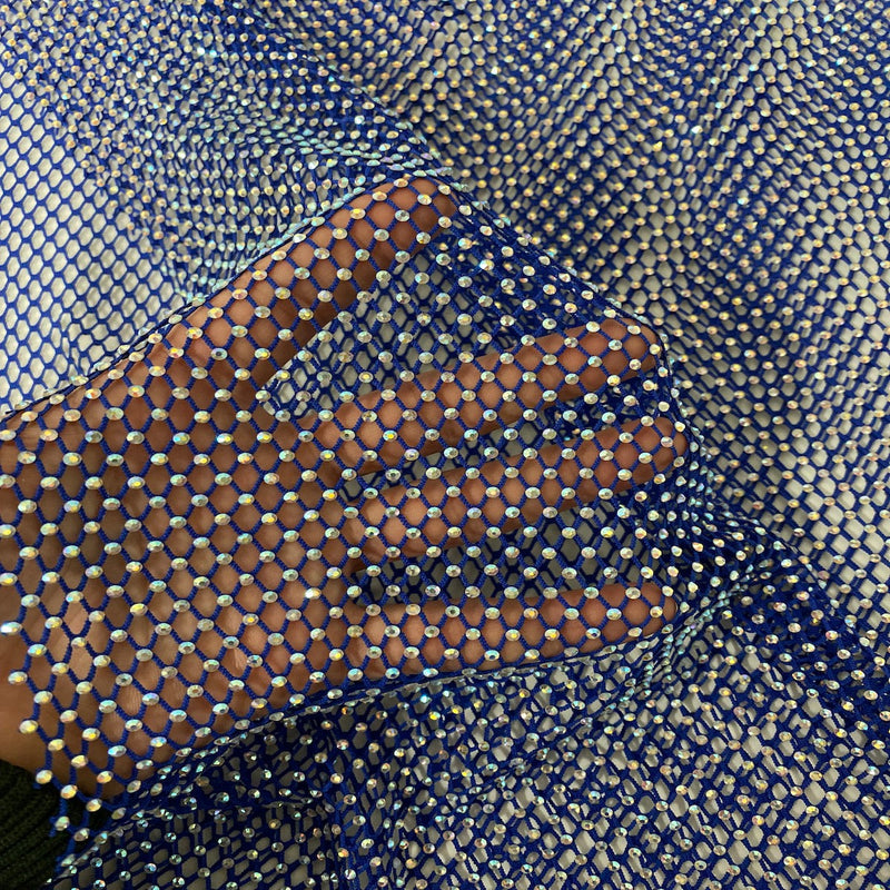 Royal Blue Serene Iridescent Rhinestone Fishnet Lace Fabric