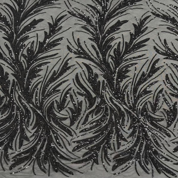 Black Ariba Floral Leaf Stretch Sequins Fabric