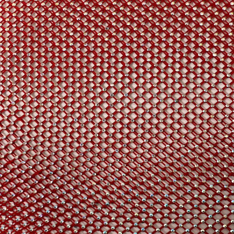 Red Serene Iridescent Rhinestone Fishnet Lace Fabric