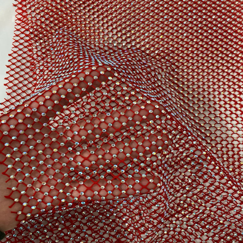 Red Serene Iridescent Rhinestone Fishnet Lace Fabric