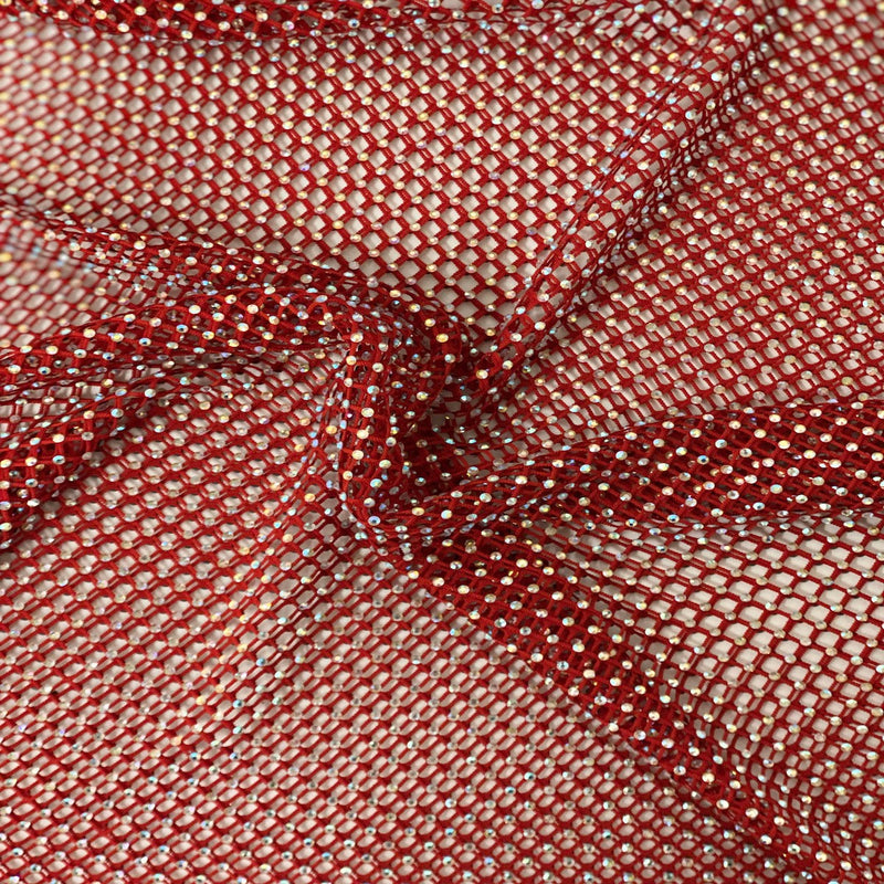 Red Serene Iridescent Rhinestone Fishnet Lace Fabric