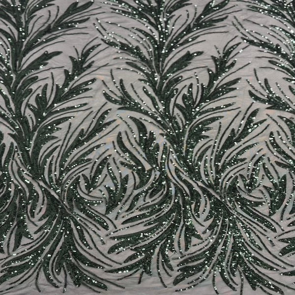 Hunter Green Ariba Floral Leaf Stretch Sequins Fabric