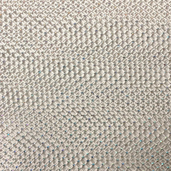 White Serene Iridescent Rhinestone Fishnet Lace Fabric