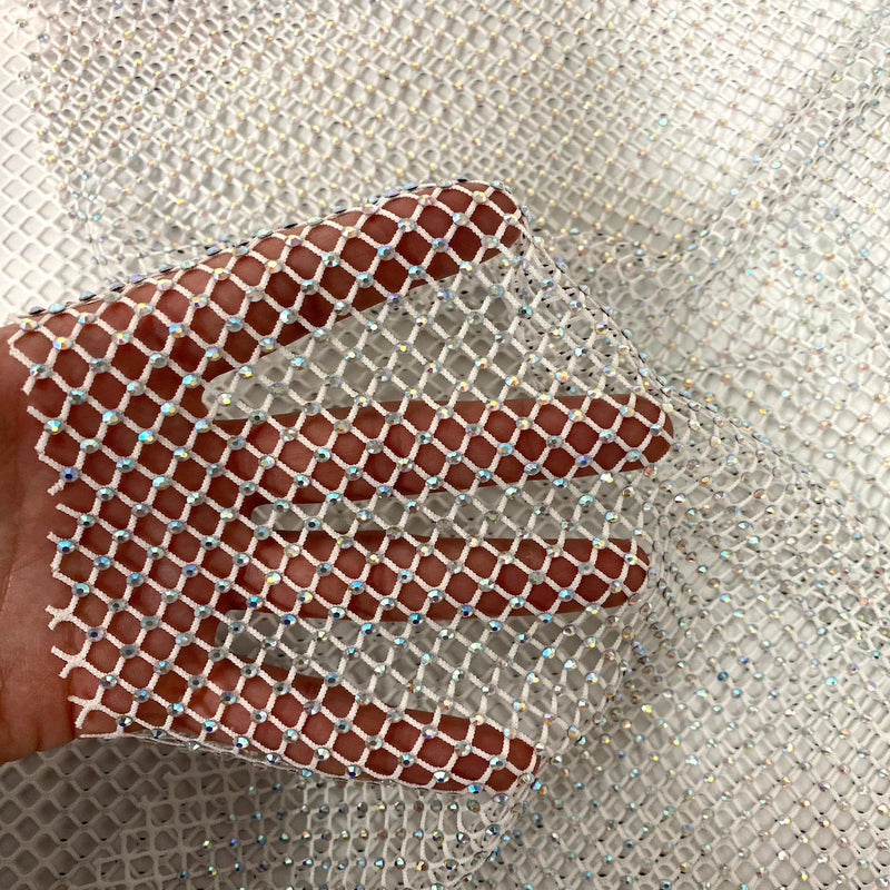 White Serene Iridescent Rhinestone Fishnet Lace Fabric