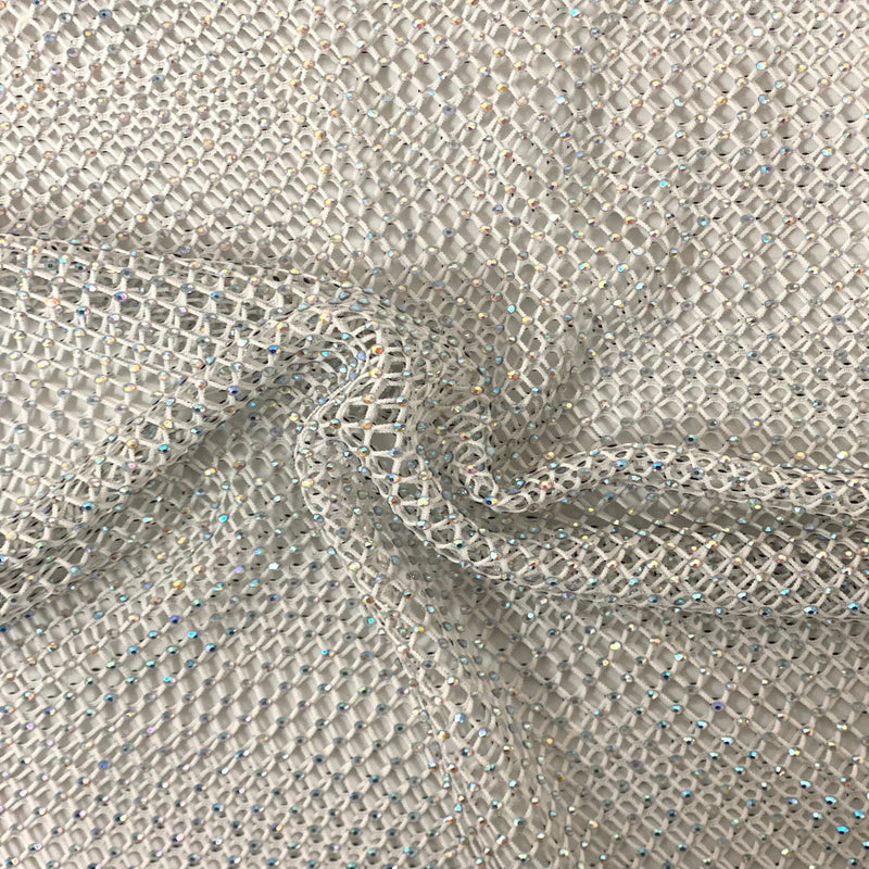 White Serene Iridescent Rhinestone Fishnet Lace Fabric