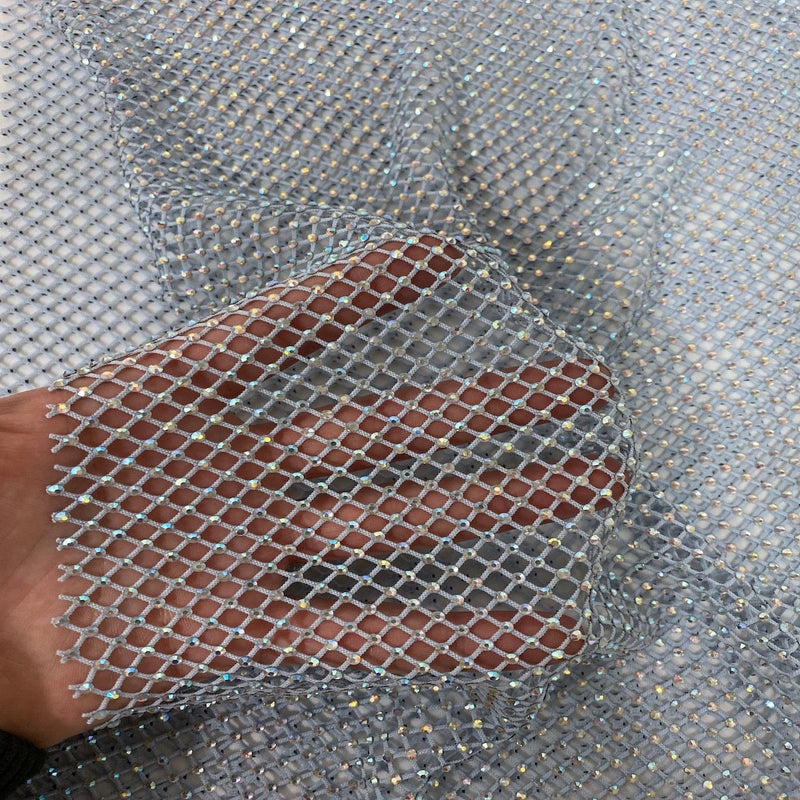 Baby Blue Serene Iridescent Rhinestone Fishnet Lace Fabric