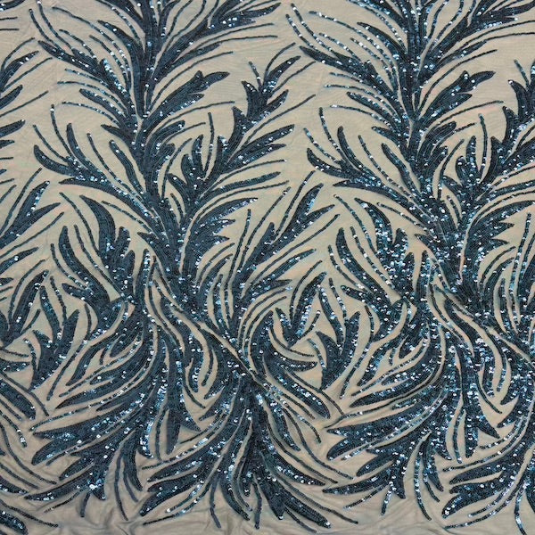 Dark Teal Blue Ariba Floral Leaf Stretch Sequins Fabric