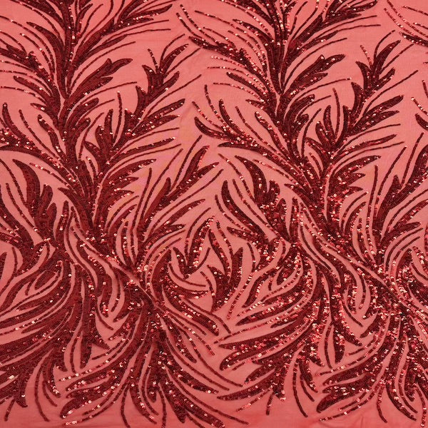 Red Ariba Floral Leaf Stretch Sequins Fabric