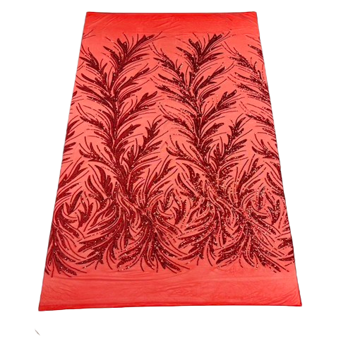 Red Ariba Floral Leaf Stretch Sequins Fabric