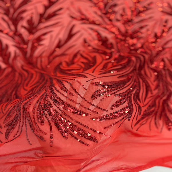 Red Ariba Floral Leaf Stretch Sequins Fabric