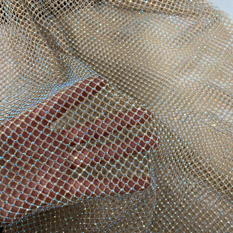 Gold Serene Iridescent Rhinestone Fishnet Lace Fabric