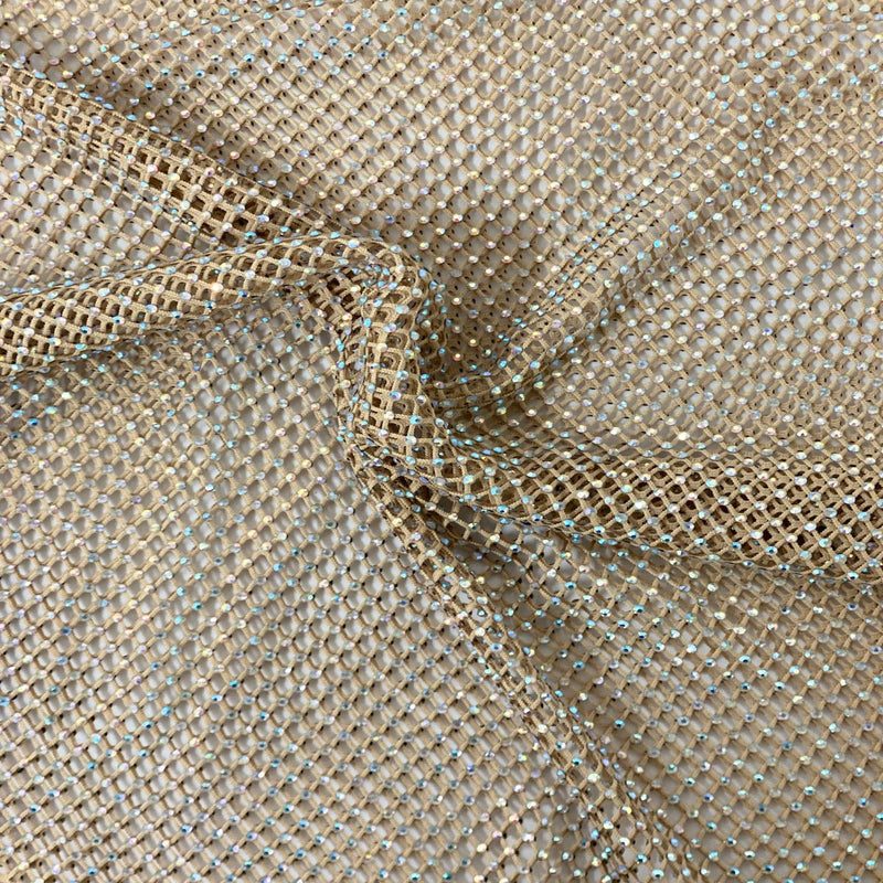 Gold Serene Iridescent Rhinestone Fishnet Lace Fabric