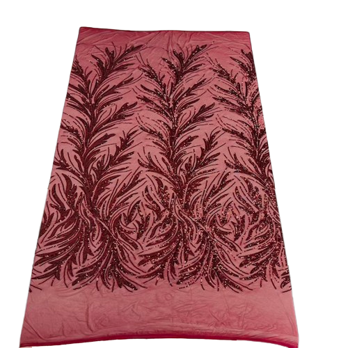 Dark Red Ariba Floral Leaf Stretch Sequins Fabric