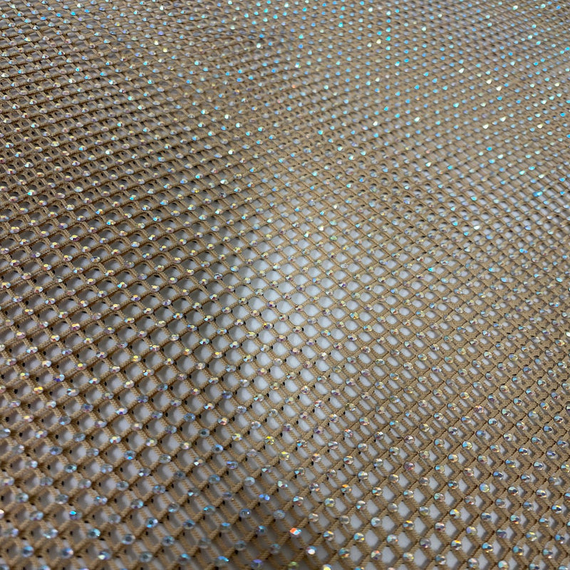 Gold Serene Iridescent Rhinestone Fishnet Lace Fabric