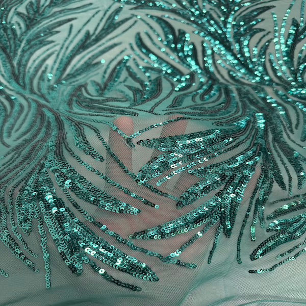 Teal Green Ariba Floral Leaf Stretch Sequins Fabric