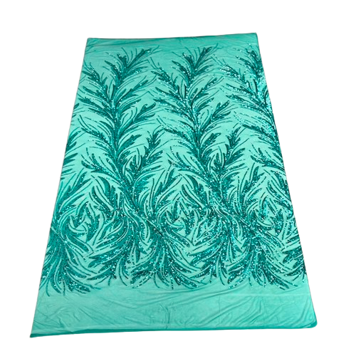 Teal Green Ariba Floral Leaf Stretch Sequins Fabric