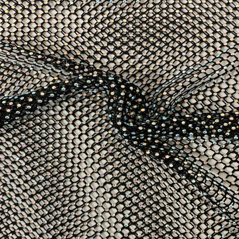 Black Serene Iridescent Rhinestone Fishnet Lace Fabric