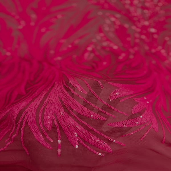 Hot Pink Ariba Floral Leaf Stretch Sequins Fabric