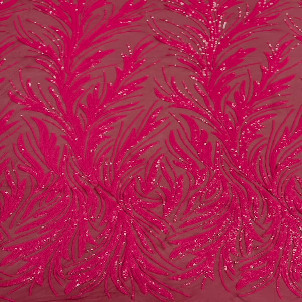 Hot Pink Ariba Floral Leaf Stretch Sequins Fabric