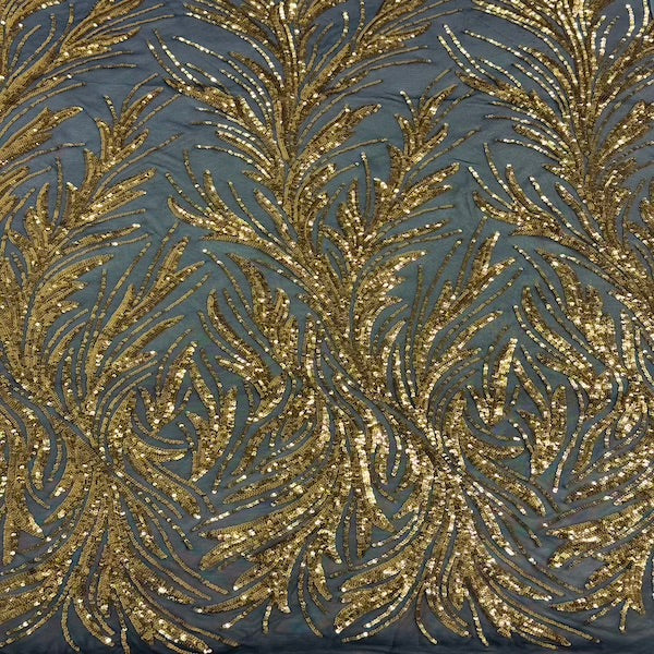 Black | Gold Ariba Floral Leaf Stretch Sequins Fabric