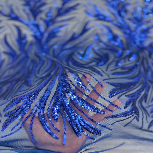 Royal Blue Ariba Floral Leaf Stretch Sequins Fabric