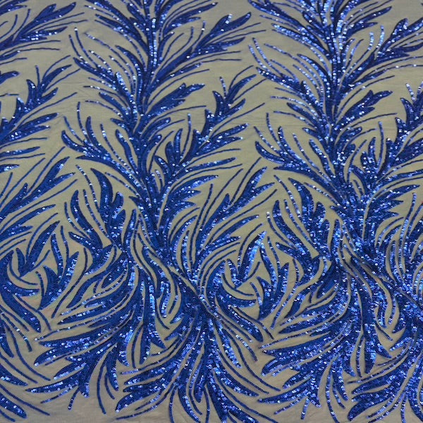 Royal Blue Ariba Floral Leaf Stretch Sequins Fabric