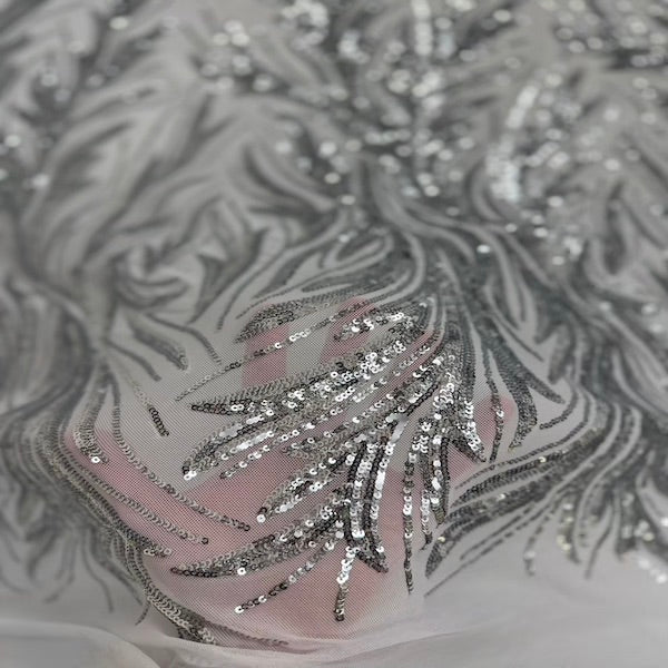 White | Silver Ariba Floral Leaf Stretch Sequins Fabric