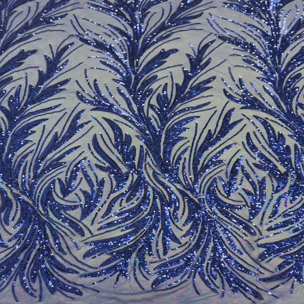 Dark Royal Blue Ariba Floral Leaf Stretch Sequins Fabric