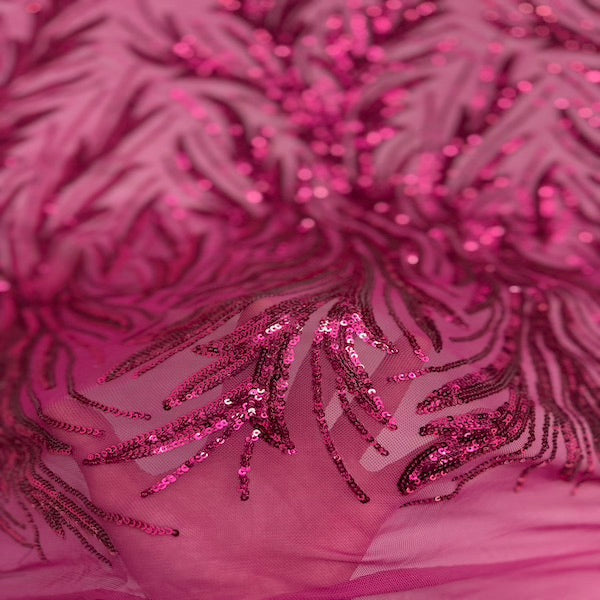 Fuchsia Ariba Floral Leaf Stretch Sequins Fabric