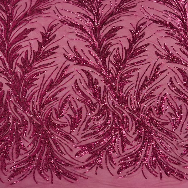 Fuchsia Ariba Floral Leaf Stretch Sequins Fabric