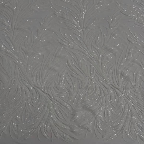 White Ariba Floral Leaf Stretch Sequins Fabric